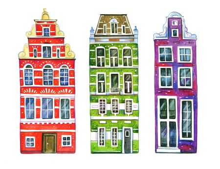 Watercolor old stone europe houses. Three Amsterdam buildings separated in row. Hand drawn cartoon illustration on white backgroundの写真素材