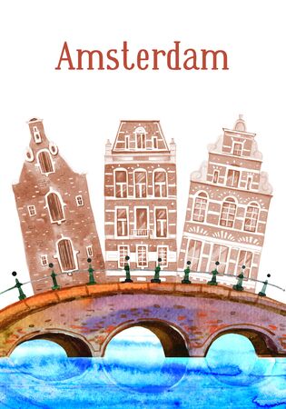 Amsterdam watercolor hand drawn illustration. Houses, bridges and river isolated on white backgroundの写真素材