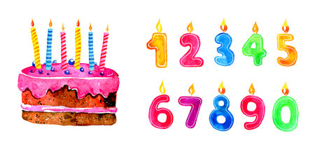 Set of stylized birthday elements. Hand drawn cartoon cake and number candles. Watercolor sketch illustration isolated on white backgroundの写真素材