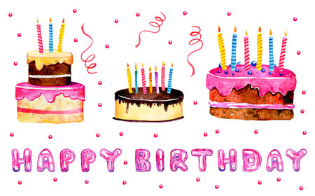 Set of stylized cartoon birthday cakes and lettering balloons. Title Happy birthday. Hand drawn watercolor sketch illustration isolated on white backgroundの写真素材