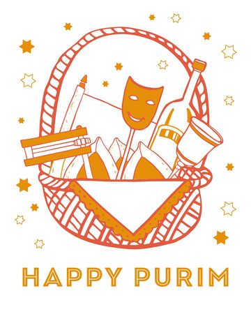 Basket with traditional Purim objects. Mask, food and wine, scroll, rattle. Hand drawn outline vector sketch illustrationのイラスト素材