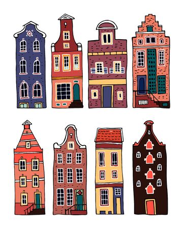 Amsterdam colorful vector sketch hand drawn illustration. Set of cartoon outline houses facades isolated on white backgroundのイラスト素材