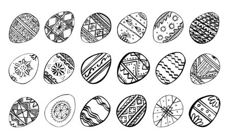 Easter eggs set. Hand drawn outline ink vector sketch illustration. Eggs painted with folk ornaments black on white backgroundのイラスト素材