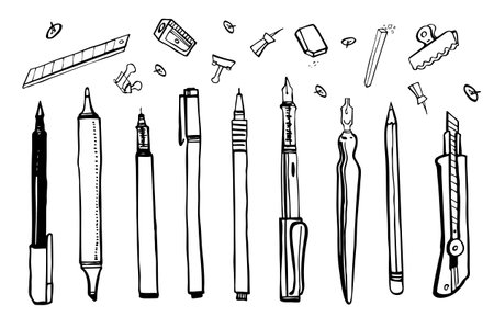 Set of hand drawn sketch vector artist materials. Black and white stylized illustration with drawing tools. Pens, pencils, markers, liners and knife isolated on white backgroundのイラスト素材