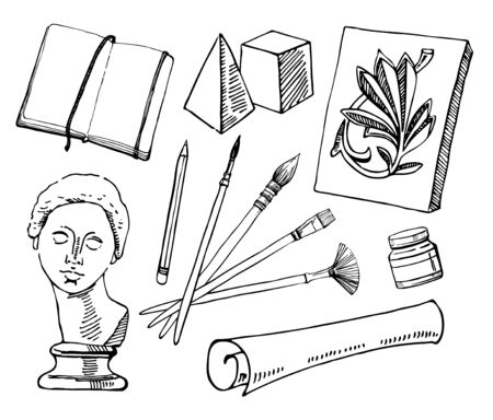 Art school tools. Set of hand drawn sketch vector artist materials. Black and white stylized illustration - gypsum head, geometric figures, ornament rosette, brushes, paper and notepadのイラスト素材
