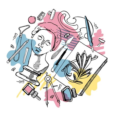 Round composition with hand drawn sketch vector artist materials. Black and white stylized illustration with color stains. Modeling and drawing tools - sculptures, pens,containers, stacksのイラスト素材