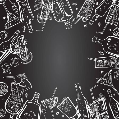 Vector outline hand drawn frame with different alcohol bottles and cocktails on blackboard backgroundのイラスト素材