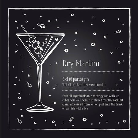 Dry Martini cocktail recipe description with ingredients. Vector sketch outline hand drawn illustration on blackboard backgroundのイラスト素材