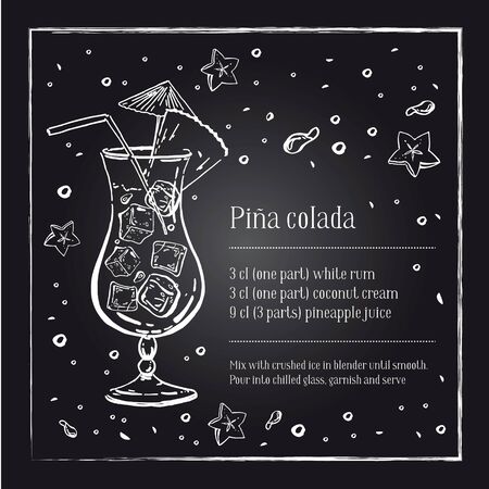Pina colada cocktail recipe description with ingredients. Vector sketch outline hand drawn illustration on blackboard backgroundのイラスト素材