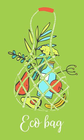 Composition with eco bag filled with fruits, glass bottle and plants. Hand drawn vector sketch color illustrationのイラスト素材