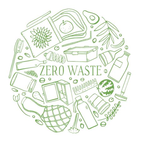 Zero waste round composition. Eco bags, glass jars and bottles, objects, food and plants. Hand drawn outline vector sketch illustration. Green on white backgroundのイラスト素材