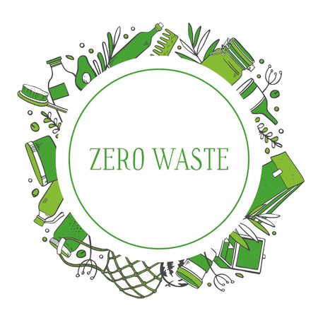 Round composition with empty center. Eco objects. Bags, containers, bottles, food and plants. Hand drawn vector sketch illustration. Colorful on white backgroundのイラスト素材