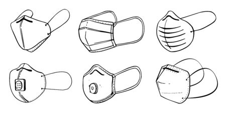 Set of different medical masks and respirators. Hand drawn vector sketch illustrationのイラスト素材