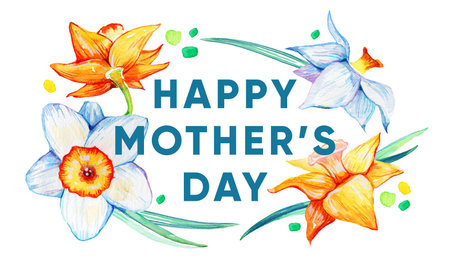 Mother's day composition with narcissuses and title. Hand drawn watercolor sketch illustrationの写真素材