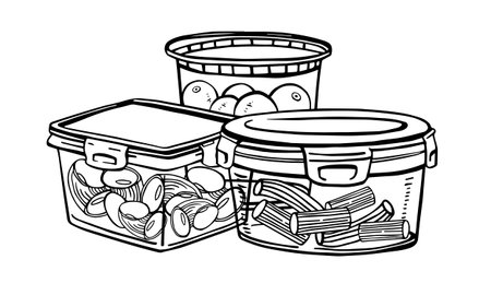 Composition with group of lunch boxes with food. Hand drawn vector sketch illustrationのイラスト素材
