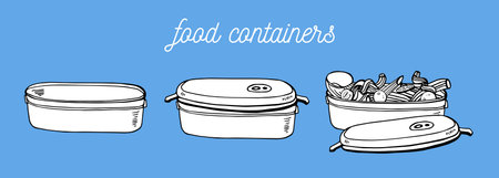 Set of food containers. Open, closed and with food. Hand drawn outline vector sketch illustrationのイラスト素材