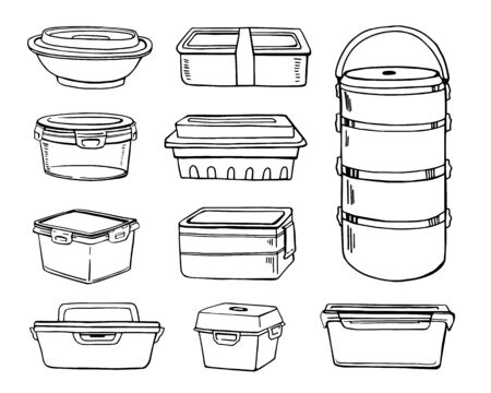 Set of different lunch boxes. Hand drawn vector sketch illustrationのイラスト素材