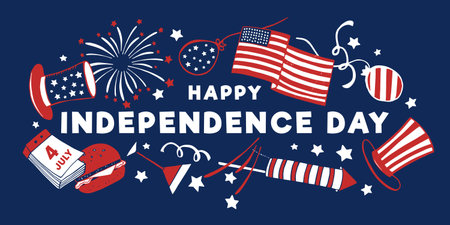 4th of July composition with title Happy Independence day and objects. Hand drawn vector sketch...