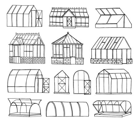 Set of different greenhouses. Hand drawn vector sketch illustrationのイラスト素材