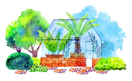 Rural landscape with greenhouse and plants inside, trees and bushes. Hand drawn watercolor sketch illustrationの写真素材