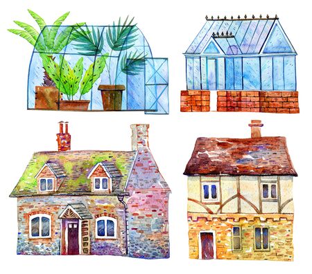 Set with old stone village houses and greenhouses. Hand drawn watercolor sketch illustration isolated on white backgroundの写真素材