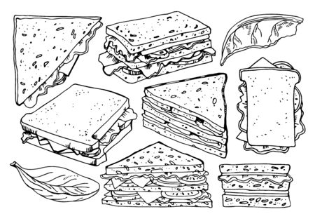 Set of different sandwiches. Hand drawn outline vector sketch isolated black and white illustrationのイラスト素材