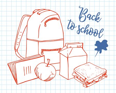 Back to school composition with lunch. Backpack, sandwich, milk, apple and notepad. Hand drawn vector sketch outline illustrationのイラスト素材