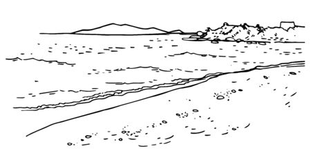 Seaside landscape. Hand drawn vector sketch ink illustration. Black on white backgroundのイラスト素材