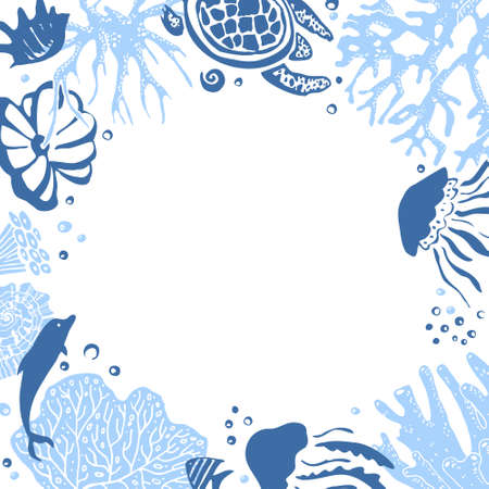 Rectangular frame with sea animals, turtle, dolphin, corals, fishes. Hand drawn vector sketch illustrationのイラスト素材