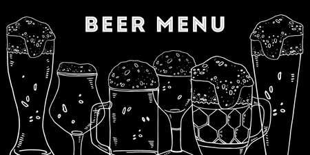 Beer menu cover print template. Glasses with foam on the bottom of the page. Hand drawn outline vector sketch illustration on black backgroundのイラスト素材