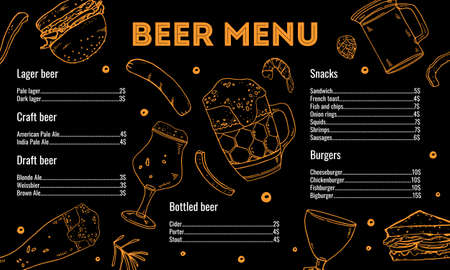 Beer menu design template with list of drinks. Glasses and food sketch illustration. Hand drawn outline vector on black backgroundのイラスト素材