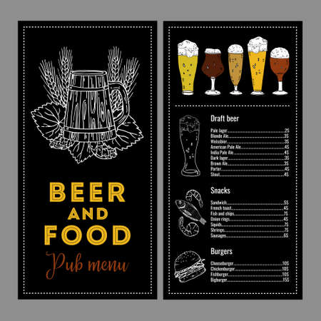 Beer and food menu design template. Two pages with list of drinks and dishes. Hand drawn vector sketch illustration. Beer glasses and snacks graphic. Outline and color on black backgroundのイラスト素材