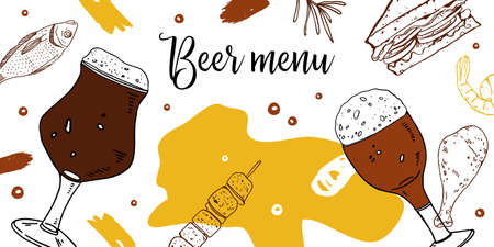 Landscape banner design template. Beer cups and food. Hand drawn colorful vector sketch illustrationのイラスト素材