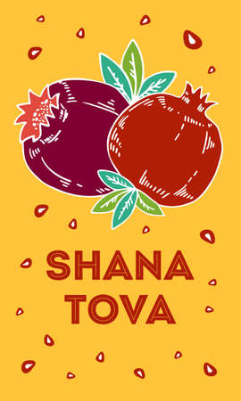 Jewish new year Rosh Hashanah vertical composition with pomegranates. Title in Hebrew Have a good year. Hand drawn vector sketch illustrationのイラスト素材