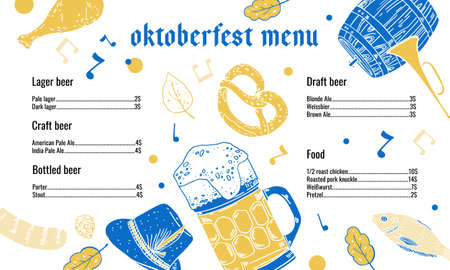 Oktoberfest beer menu design template with list of drinks. Glasses and food illustration. Hand drawn vector sketchのイラスト素材