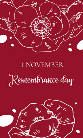 Remembrance day design template with poppy flowers and title. Hand drawn vector outline sketch illustrationのイラスト素材