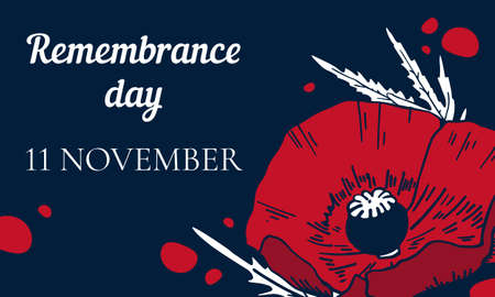 11 November Remembrance day design template with poppy flower and title. Hand drawn vector sketch illustrationのイラスト素材