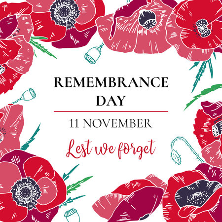Rectangular frame. Remembrance day design template with red poppy flowers and title. Hand drawn vector sketch illustration on white backgroundのイラスト素材