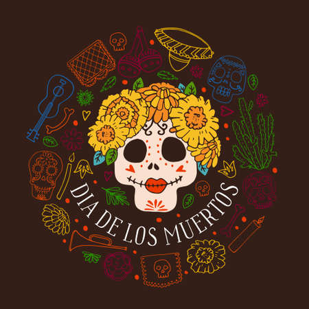 Mexican Day of the Dead round composition template. Painted skulls, music instruments, decorations. Hand drawn vector sketch illustrationのイラスト素材