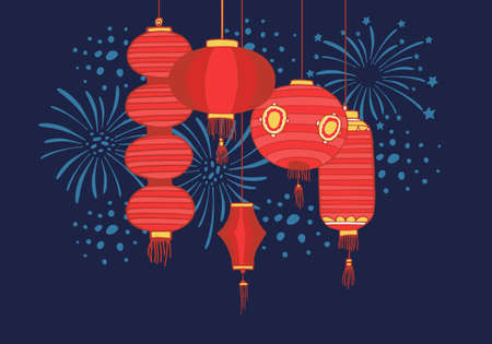 Traditional Chinese paper lanterns hanging on the top of the page and fireworks on the background. Hand drawn vector illustrationのイラスト素材