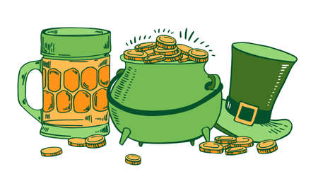 Saint Patrick's Day composition. Cauldron with golden coins, glass of beer and leprechaun's hat. Hand drawn vector sketch illustrationのイラスト素材
