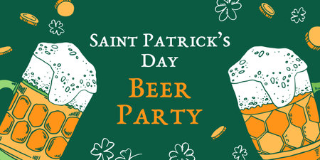 Saint Patrick's Day beer party design. Two beer mugs and title. Hand drawn vector sketch illustrationのイラスト素材