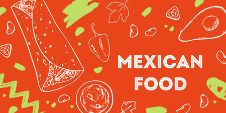 Mexican food print design template. Buritto, salsa and vegetables. Hand drawn outline vector sketch illustrationのイラスト素材