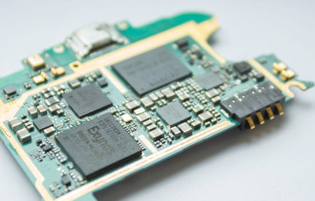 Phone repair. Electronic Board inside the phone. Close, white background.