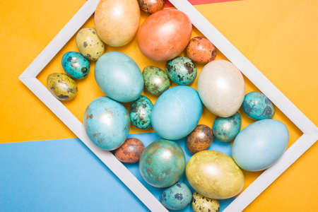 Colored Easter eggs in a wooden white frame on a colored background. Happy Easter!の写真素材
