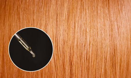 Pipette with oil or cosmetics for hair in a circle Texture of red hair. The concept of growth,...