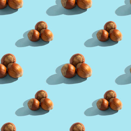 Whole hazelnuts with a shadow on a blue background, seamless pattern. Blue background, healthy food, side view.の写真素材