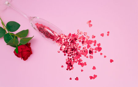 Red hearts flow out of a glass champagne glass and a rose. Pink background, top view. The concept of Valentine's day.の写真素材