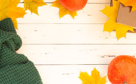Autumn flatley, autumn leaves, pumpkin and knitted thing. Free space for text
