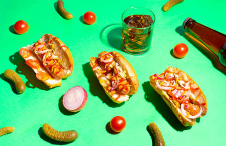 Hot dogs with vegetables, mustard and ketchup on a bright green background.の写真素材